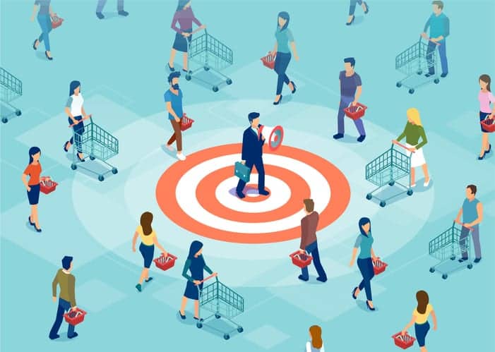 Customer retention and marketing concept. Vector of a businessman making an announcement in megaphone to a targeted audience attracting new shoppers