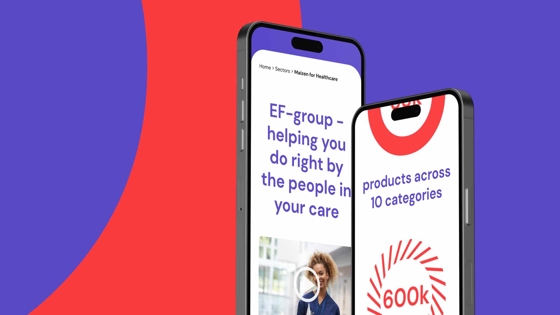 Two Smartphones with the EF Group website loaded on them, in front of a purple and red background.