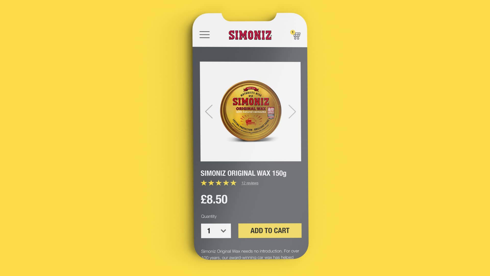 Phone shaped screenshot of a Simoniz product page on a bright yellow background
