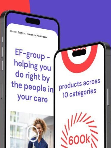 Two Smartphones with the EF Group website loaded on them, in front of a purple and red background.