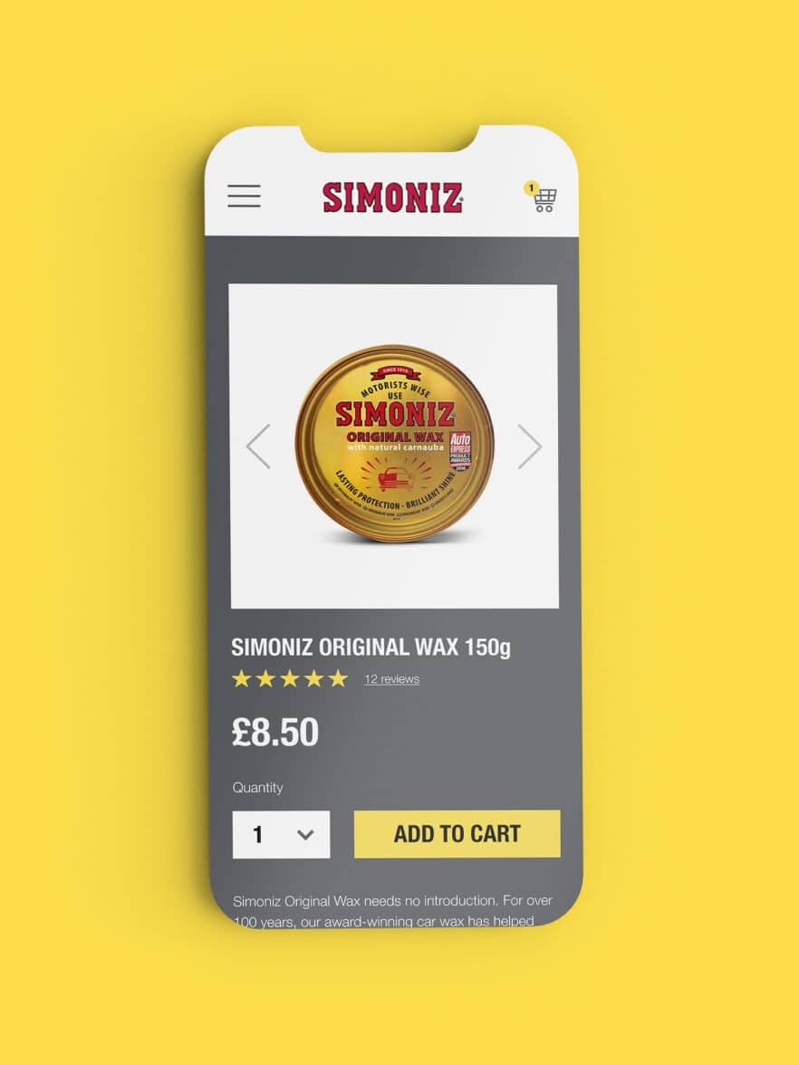 Phone shaped screenshot of a Simoniz product page on a bright yellow background