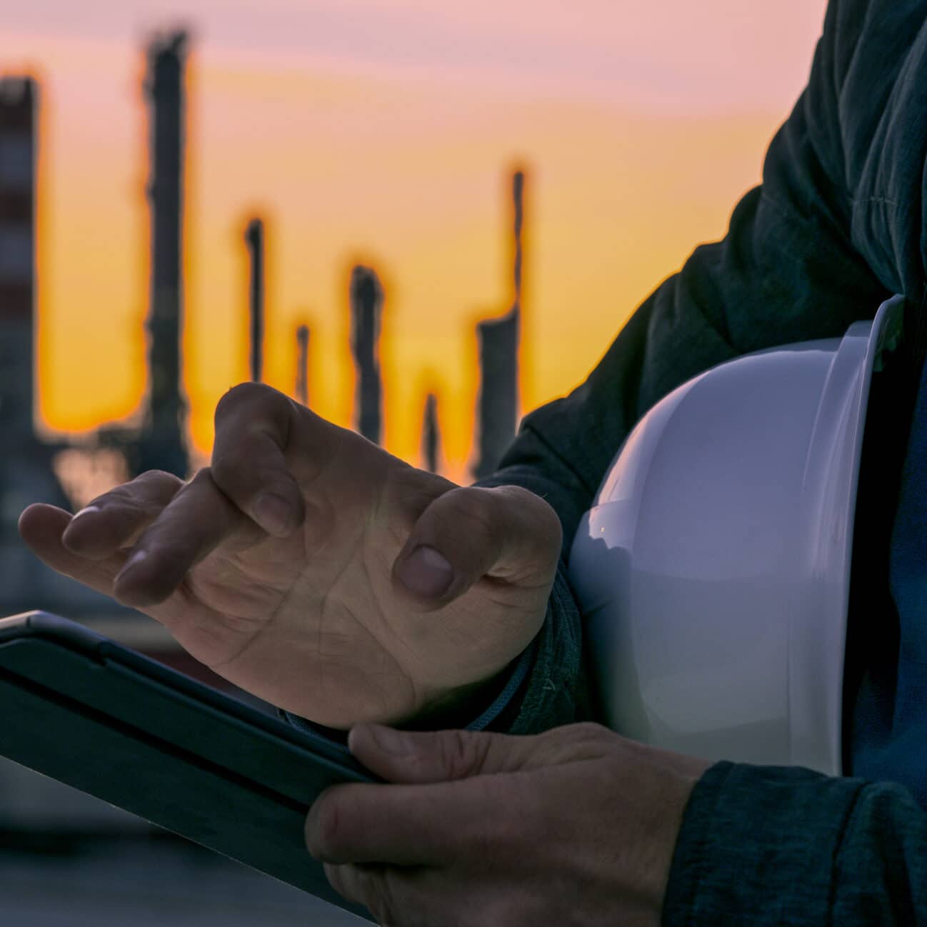 Close-up shot of the hands an engineer with a white hardhat using a tablet with an oil refinery visible in the background during sunset.