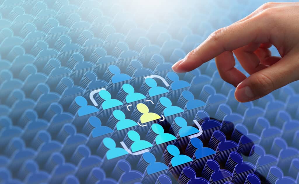 Marketer touching client icon.